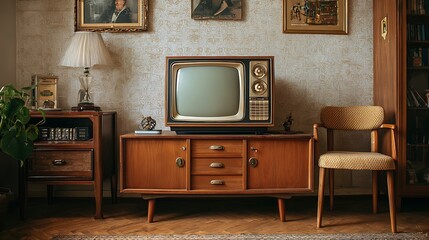 Vintage television set on a wooden cabinet in a retro living room