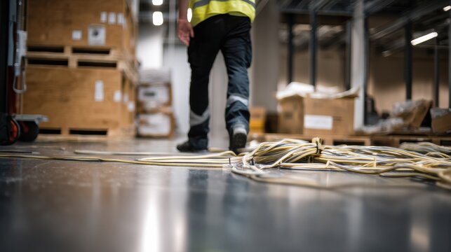 Worker in safety vest walks past tangled extension cords on warehouse floor, surrounded by wooden crates and boxes. scene conveys sense of activity and organization in busy environment