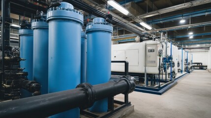 Industrial water treatment unit features large blue filtration tanks and pipes, showcasing advanced technology for waste filtering. environment is clean and organized, emphasizing efficiency