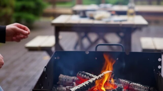 Outdoor fire pit with burning wood. A hand is visible in the foreground.  Wooden picnic tables in the background are out of focus