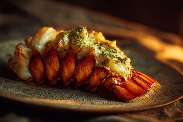 Broiled lobster tail, served on plate with melted butter and herbs, artistic light