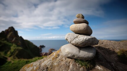 Fototapeta premium Serene stack of smooth stones balanced on rocky surface, overlooking tranquil sea and lush green hills under partly cloudy sky. This peaceful scene evokes sense of calm and harmony