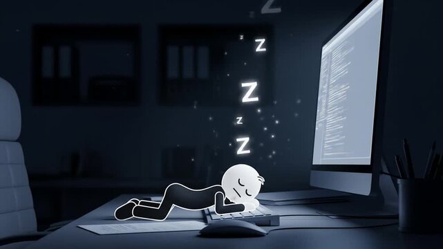 Stick Figure Sleeping on Keyboard at Desk with Computer Screen