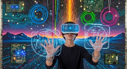 Experiencing virtual technology world. Mixed media