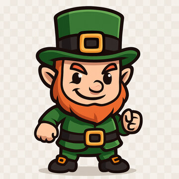 A classic and jovial cartoon illustration of a leprechaun, depicted with a bushy red beard, a green top hat, and a matching green suit. 