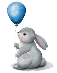 Watercolor clipart of a hand drawn baby bunny sitting with blue balloon.