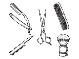 Vintage engraving of barber tools set with straight razor comb scissors and shaving brush in retro style