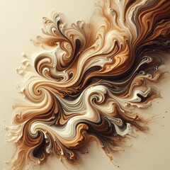 Abstract swirls of coffee and milk blending in slow motion, golden-brown marbled textures, liquid art style with wispy trails. Cream-colored background