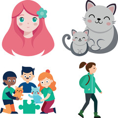  cute vector set in a simple children's style. Cute forest animals with animals and  cute  Girls