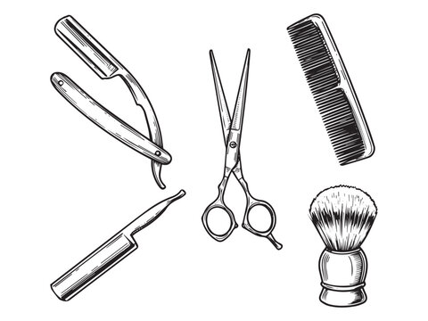 Vintage engraving of barber tools set with straight razor comb scissors and shaving brush in retro style
