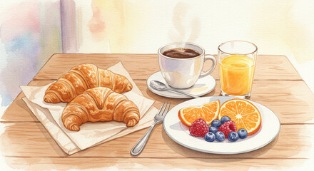 水彩で描かれた心地よい朝食のテーブル