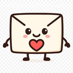A charming cartoon illustration of a friendly envelope character, featuring a warm smile and a prominent red heart on its front flap. 