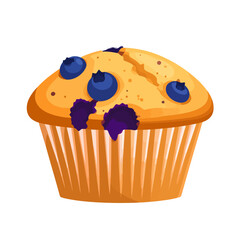 Golden baked blueberry muffin illustration with a cracked top and fresh berries.