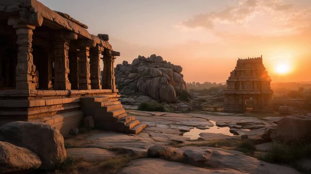 Ancient Stone Temples of Hampi at Sunset, Karnataka, India