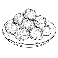 A detailed black and white sketch of swirled meringue cookies piled on a plate.