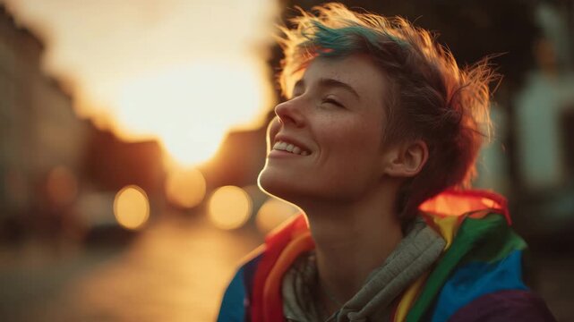 Smiling Young Person with Colorful Hair and Rainbow Flag at Sunset