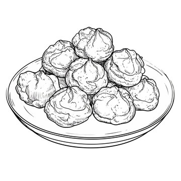 cream puffs on plate, black and white clip art preview