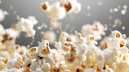 Falling Popcorn Kernels in Mid-Air on Neutral Background - Powered by Adobe