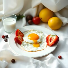A bright and healthy breakfast plate with sunny-side-up eggs, fresh strawberries, and milk