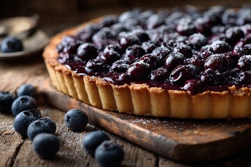 Blueberry tart on a rustic wooden board, powdered sugar