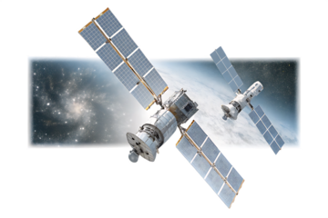 Spacecraft solar panels orbit Earth isolated on a transparent background satellite