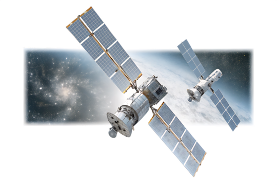 Spacecraft solar panels orbit Earth isolated on a transparent background satellite