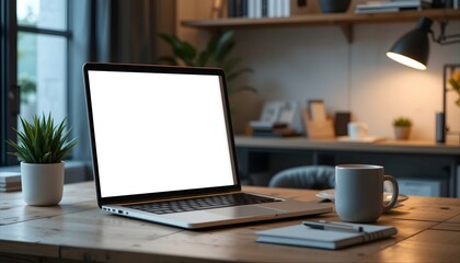 Laptop with a blank white screen on a wooden desk in a modern and cozy home office setting. Perfect for mockups.