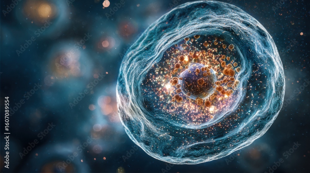Poster microscopic view of a bioengineered microbial cell highlighting its complex structure and potential 