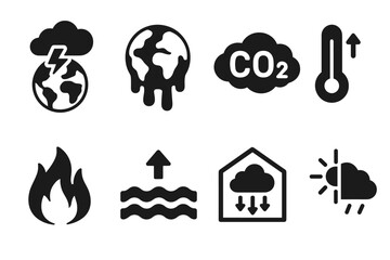 Climate change symbols: global warming, co2 emissions, rising temperatures, flooding, wildfires