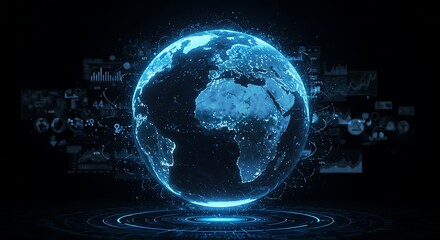 Glowing Blue Globe with Data Visualization on Black Background