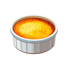 Golden caramelized cr?me br?l?e dessert served in a classic white ribbed ramekin.