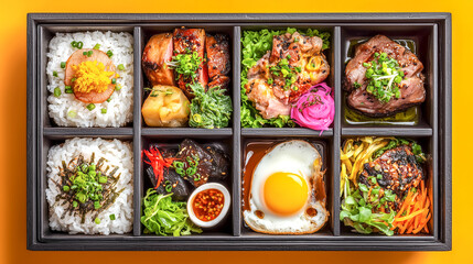 Top view of a delicious and colorful bento box lunch with rice meat vegetables and egg