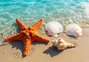 Starfish and seashells on a sandy beach by the ocean