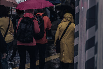 カラフルなレインコートをきた女性が雨の中を歩く