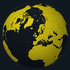 Isle of Man on Globe. Country view on the world map in Charcoal Bright Yellow color palette. Isle of Man shape on map. Globe with meridians, parallels, countries, rivers and lakes.