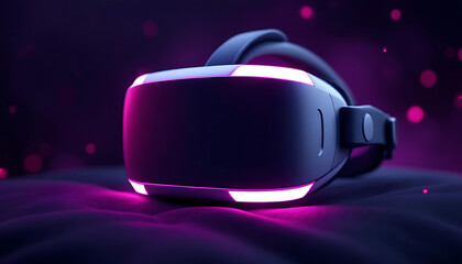 Modern VR Headset with Pink Neon Lights on Dark Fabric Background, Futuristic Virtual Reality Technology