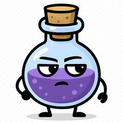 An intriguing illustration of a round, purple potion bottle, personified with a stern or mischievous expression, and small, defined limbs. 