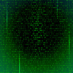 Green binary code forms an abstract digital pattern, illustrating a futuristic data matrix background with a technological design