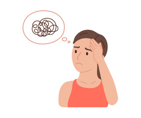 Woman lost in thought, psychological stress and memory strain. Anxiety, mental overload, and emotional imbalance. Vector flat illustration