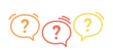 Three line colorful speech bubble icons with question marks. Concept of asking frequent questions or communication. FAQ and solution. Vector flat illustration