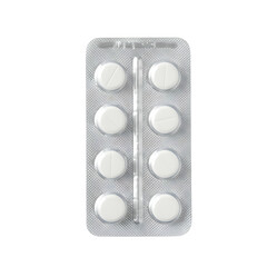 Eight white round pills in a blister pack isolated on transparent background