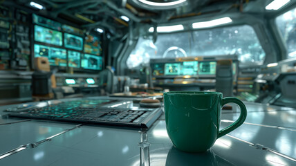 Morning Brew on Spaceship: A vibrant green mug sits on a metallic table in a futuristic spaceship control room, monitors glow in background.