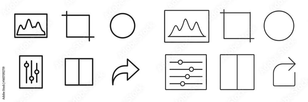 Poster collection of simple icons for user interface design demonstrating various actions and image manipul