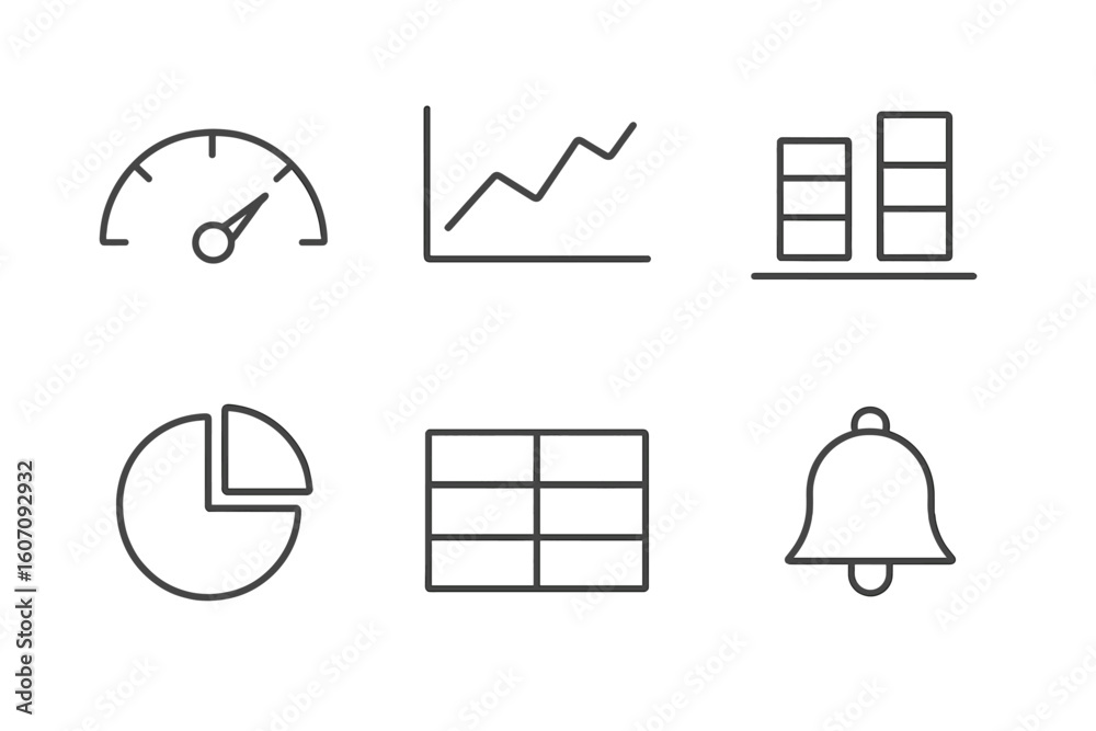 Poster simple line icons representing various data visualization and analytics concepts in a clear layout