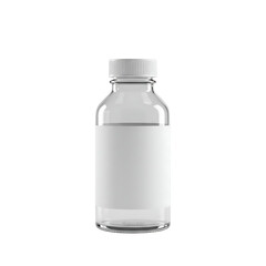Clear glass bottle with white label and cap isolated on transparent background