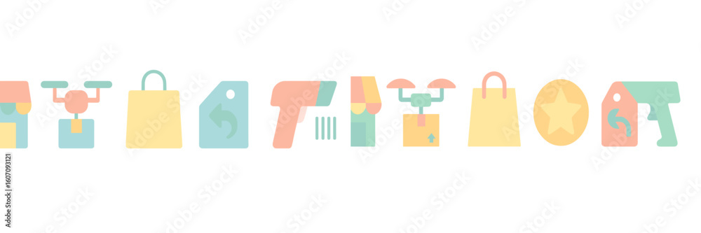 Poster colorful icons representing various tools and objects in a minimalistic style related to technology 
