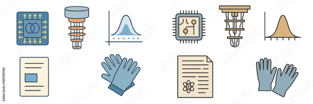 Poster circuit components, analysis tools, and laboratory gloves displayed for a science experiment focused