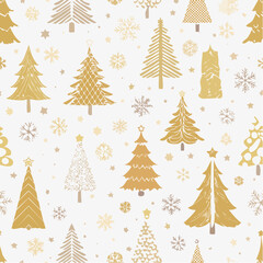 Obraz premium Monochrome Seamless Winter Pattern with Stylized Trees and Snowflakes – Elegant Vector Design