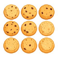 A delicious set of nine cartoon-style chocolate chip cookies, each with unique cracks and chip patterns.