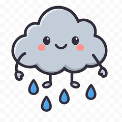 A charming illustration of a plump grey cloud, personified with a gentle smile and small, expressive arms, from which stylized raindrops gracefully fall. 
